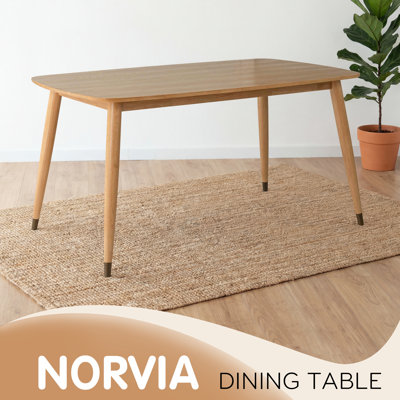 Norvia & Elvara Scandinavian Solid Wood 7-Piece Dining Set, 60'' Rectangular Table with Beveled Edge & Metal-Capped Legs, 6 Windsor Spindle Back Chairs, Honey Oak