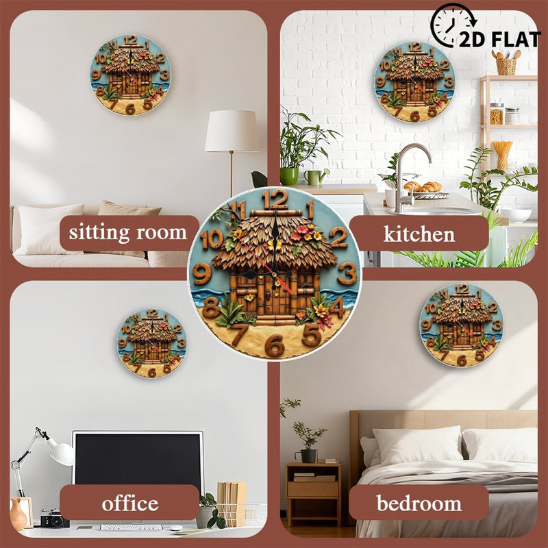 Horloge murale plage hutte fleurs tropicales