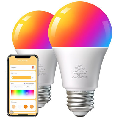 Smart WiFi LED Light Bulb, App Controlled Color Changing Light Bulb, Tunable White & Multi‑RGB Color, A19, 60 Watt Equivalent, E26 Base, 2 Pack