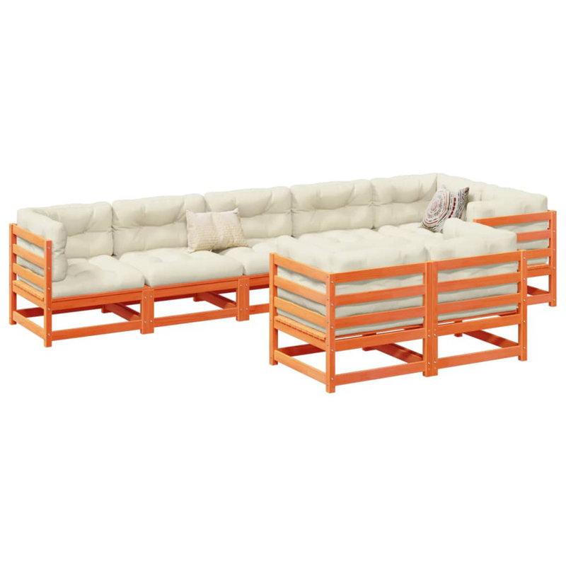  Ensemble de canapé de jardin modulaire en bois de pin massif brun, Coussin beige / structure brune