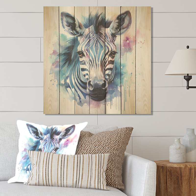 Imprimé zébré bleu et rose - animal zèbre sur bois, H 15 po x l 15 po