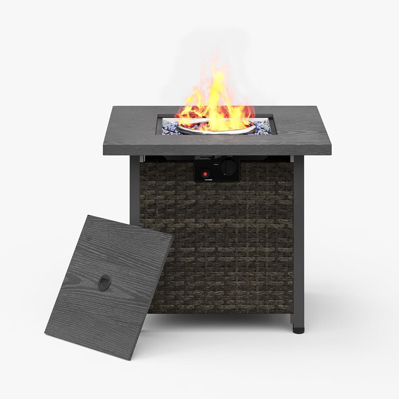 50000 BTU Metal Wicker Propane Fire Pit Table Outdoor Fireplace, Rain Cover, Removable Lid for Patio