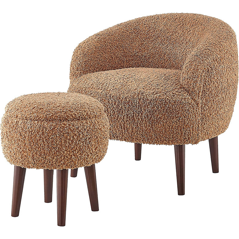 Emonnie Upholstered Armchair with Ottoman, Light Brown Faux Fur