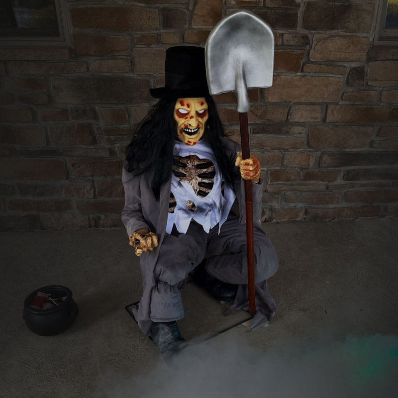 Haunted Hill Farm  48 In. Motion-Activated Crouching Grave Digger by Tekky, Talking Halloween Animatronic