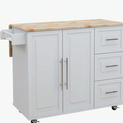 Kitchen Island with Spice Rack, Towel Rack and Extensible Solid Wood Table Top-White