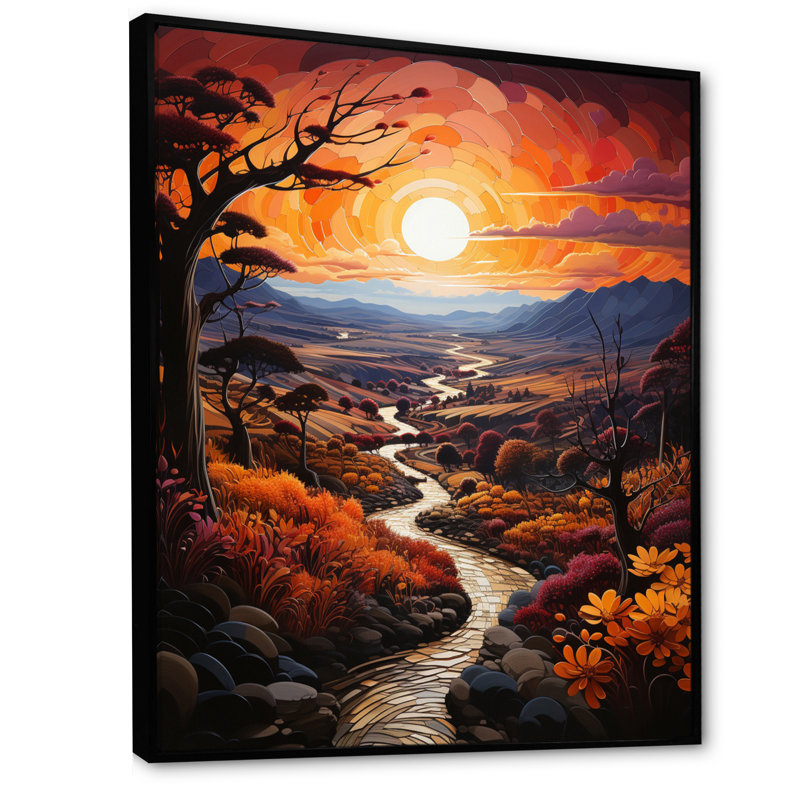 «Countryside Crimson Sunset Landscape I», reproduction sur toile, Cadre flottant noir, H 44 po x l 34 po x P 1,5 po