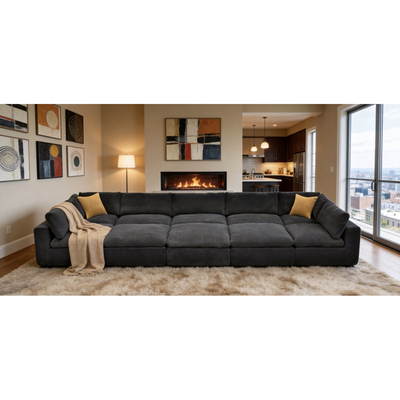Grain de café modulaire entièrement rembourré avec coussins décoratifs, Gris foncé