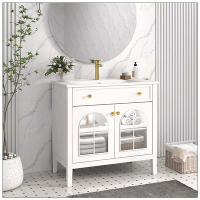 Mid-Century Bathroom Vanity with Motion-Sensor Light & Patterned Glass
