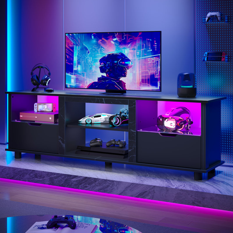 Black Carbon Fiber 70" LED Gaming TV Stand with Drawers and Shelves