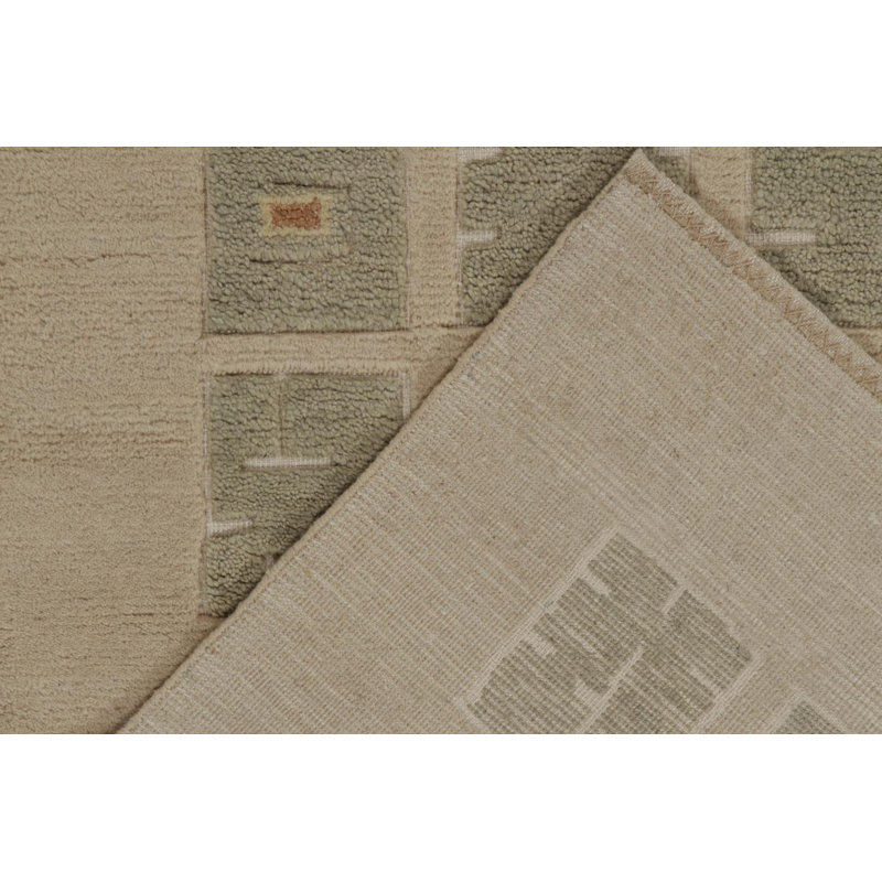 Rug & Kilim’S French Art Deco Rug In Beige & Green High-Low Square Pattern, Rectangle 12' x 15'