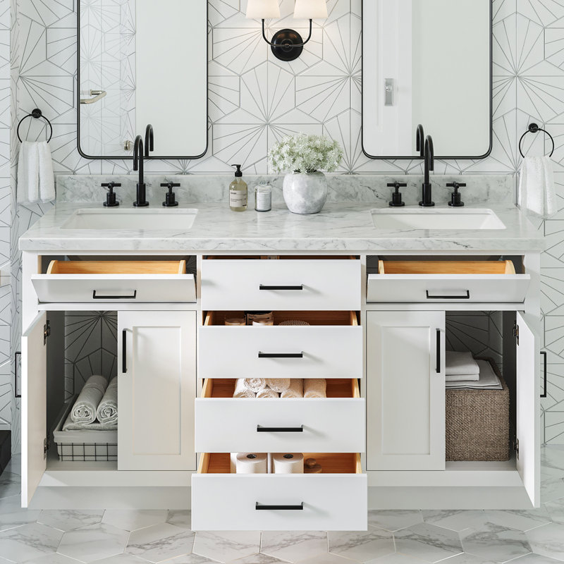 Thornaby 66'' Solid Wood Double Bathroom Vanity with 1.5'' Carrara Marble Top, Rectangular, White / Matte Black