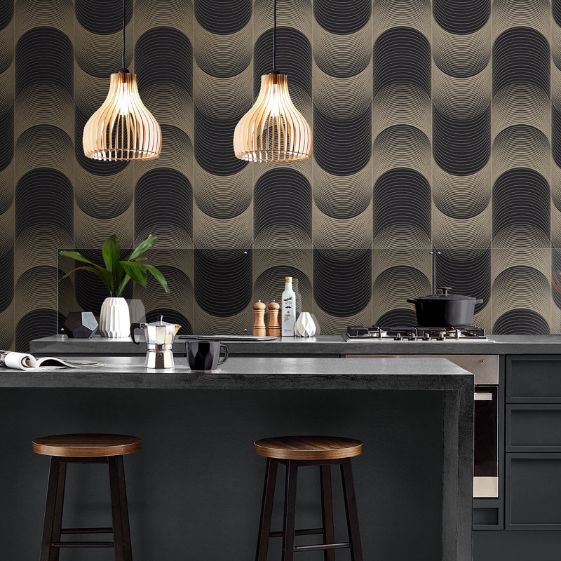 Geometric Metallic Wallpaper Double Roll, Black/Gold