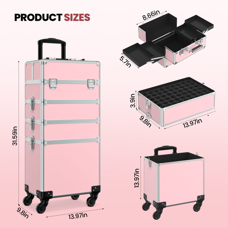 Organisateur de trousse de maquillage avec roulettes 4 en 1, Argent / rose