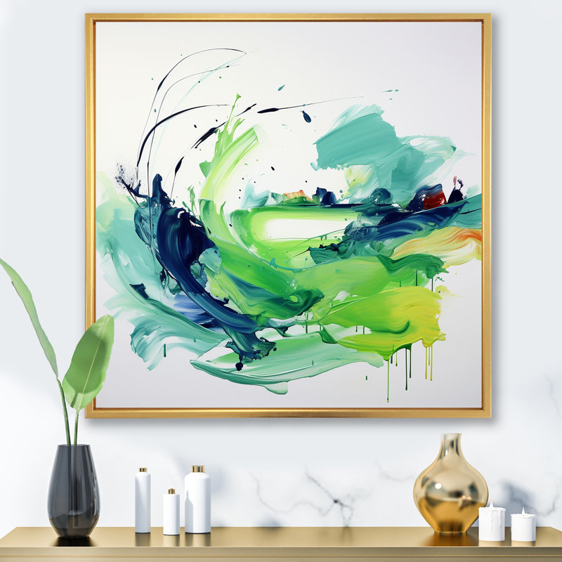 «Green Abstract Ink Expression III», art mural abstrait, Cadre flottant doré, H 36 po x l 36 po x P 1,5 po