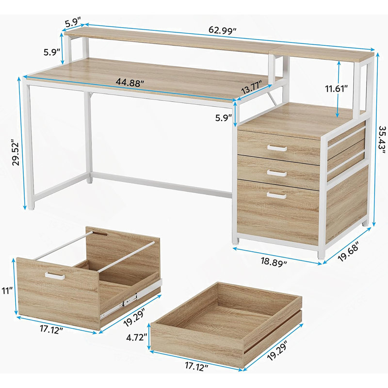 Bureau d'écriture, bureau, bureau d'ordinateur avec tiroirs, Naturel / Blanc