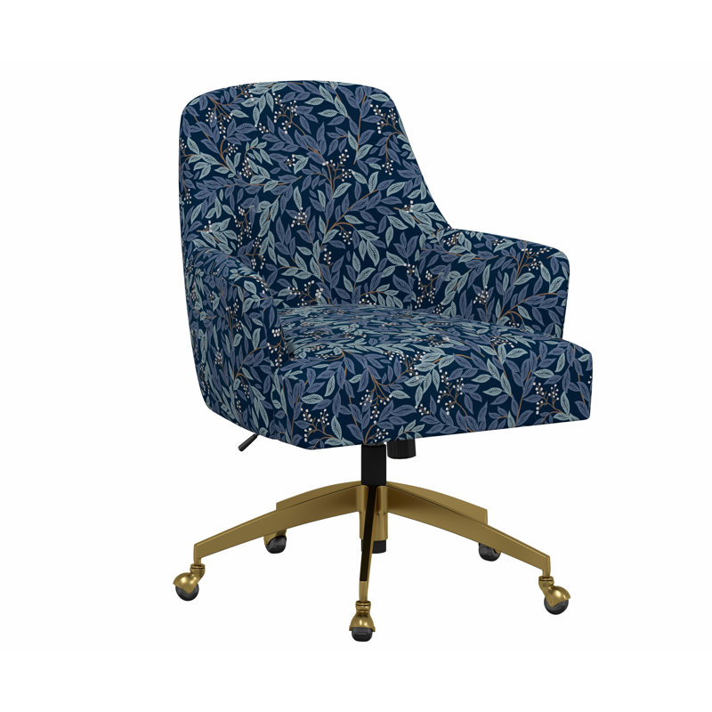 Chaise de bureau avec base Yvette, Lin bleu marine RPC Willowberry, Or brossé