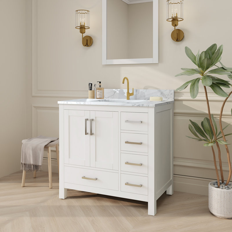 Riverford 36'' Fully Assembled Single Bathroom Vanity With Solid Surface White Granite Top, White, 36"