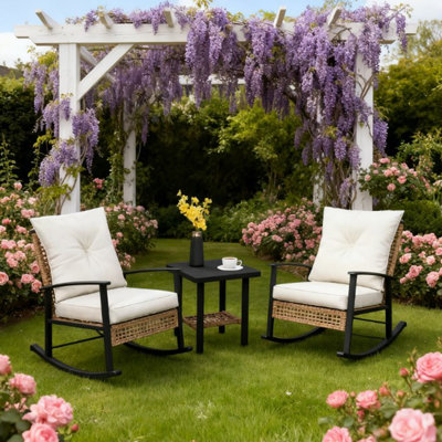 Patio Wicker Furniture Set with Button Tufted Cushions, Rattan Rocking Chairs, Coffee Table