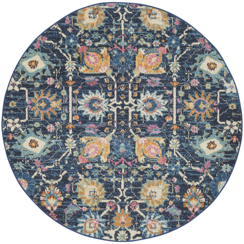 Tapis bleu marine / orange en polypropylène tissé à la machine, Rond 4 pi