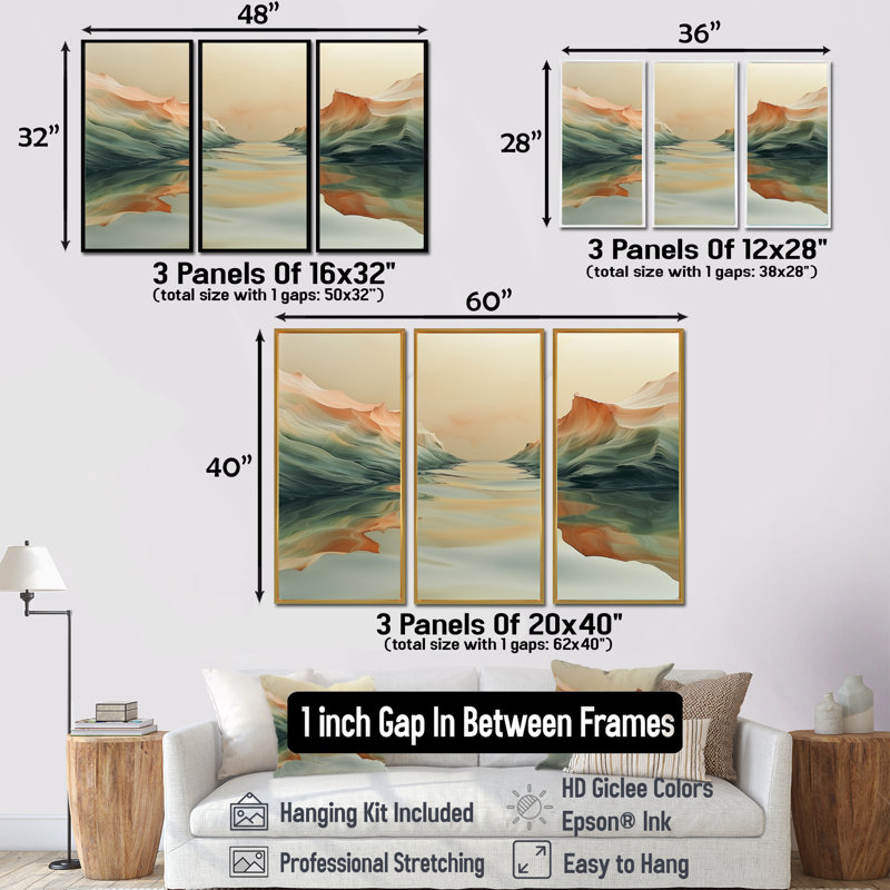 «Green Beige Magical Sunset Dunes II - Desert», ensemble d'art mural, Cadre noir, H 32 po x l 48 po