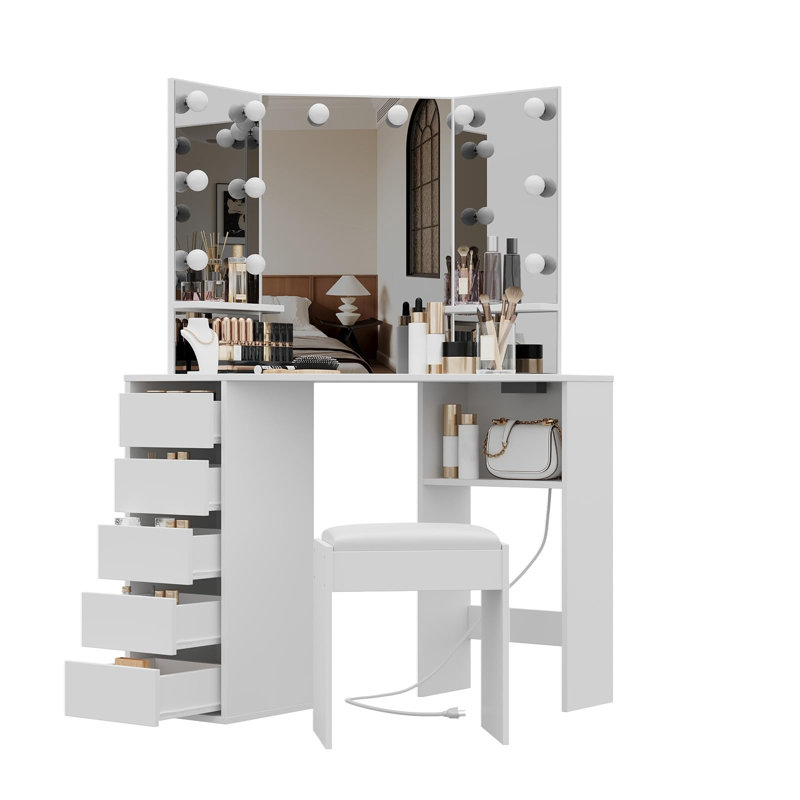 Meuble-lavabo de coin et tabouret, bureau de meuble-lavabo de coin avec miroir et lumières, meuble-lavabo de coin avec prise de courant, lumière réglable à 3 couleurs et luminosité, blanc
