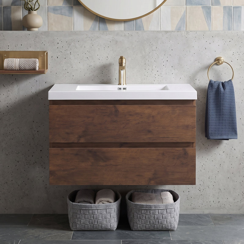 Meuble-lavabo mural en mélamine de 76 cm (30 po), fini bois de rose, résistant à l'usure et aux égratignures, surface non poreuse et facile à nettoyer.