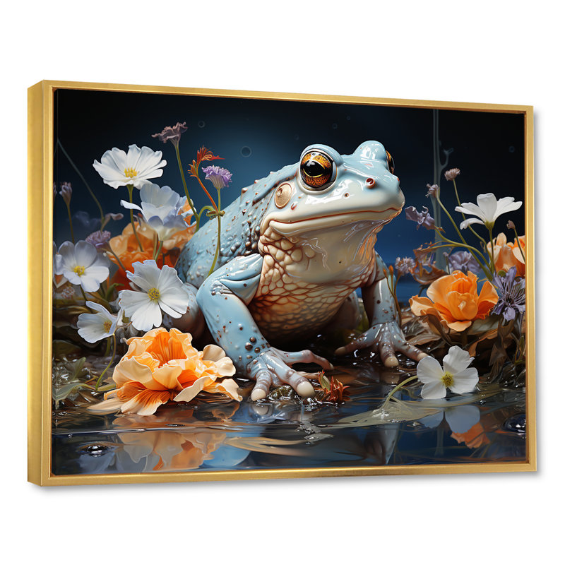 Représentation abstraite de la grenouille bleue I - reproduction sur toile, Cadre flottant doré, H 34 po x l 44 po x P 1,5 po