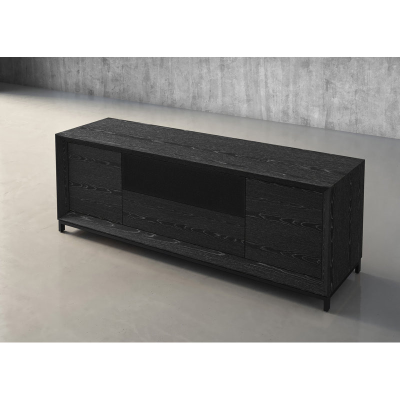 Console multimédia Furnatech Rafaela-86 po au fini ébène avec placages de chêne rouge américain, portes en bois, panneaux arrière amovibles et gestion des câbles