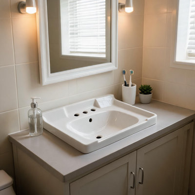 Lavabo de salle de bain en céramique blanche de 71 cm (28 po) avec trois trous prépercés pour robinetterie et trop-plein
