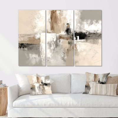 Brown And Black Brushstroke Abstract Painting  - Cubism Large Wall Art Print Set