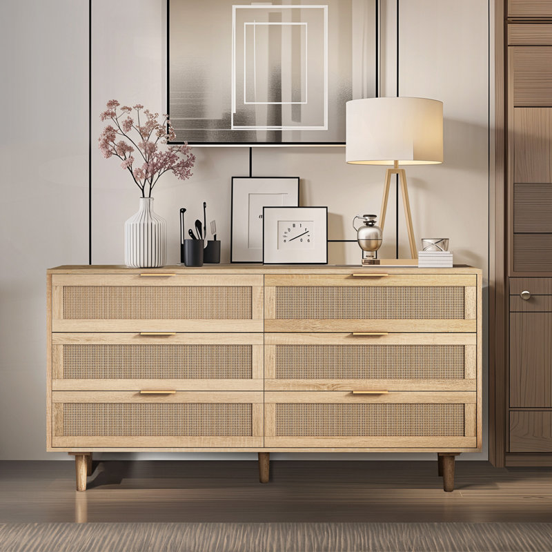 6-Drawers Rattan Storage Cabinet Rattan Drawer, Natural