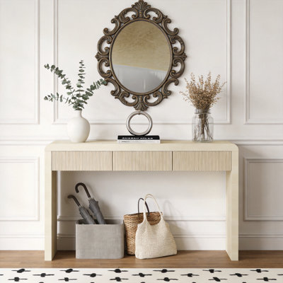 Rustic Console Table with 3 Fluted Drawers, Solid Wood Veneer Entryway Table with Natural Grain, Modern Farmhouse Sofa Table for Living Room Hallway