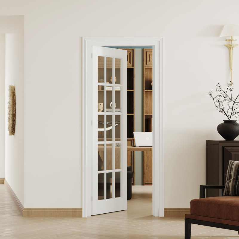 Dalle de porte intérieure en verre transparent 15 Lite - Porte en panneau de fibres à densité moyenne blanche pré-suspendue avec cadre réglable à gauche (porte et cadre livrés séparément)