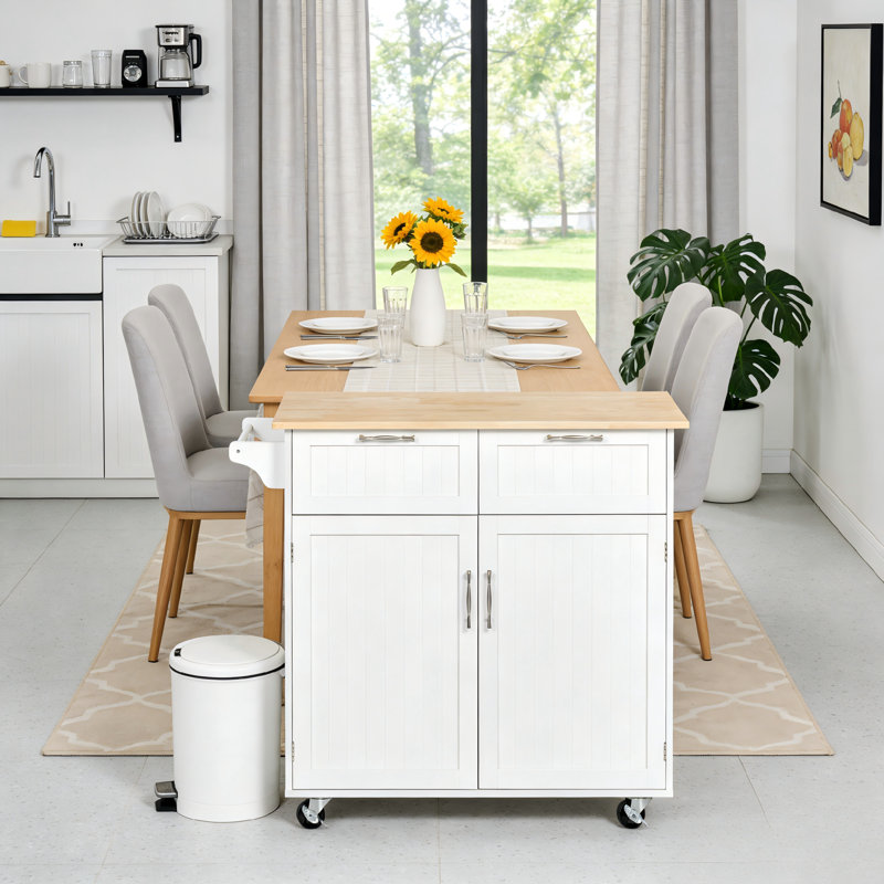 41 Inch Modern Rolling Kitchen Island with Rubberwood Top, Drawers, and White Finish for Enhanced Functionality