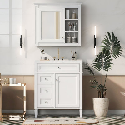 Williamsdale 30" Modern White Bathroom Vanity With Ceramic Sink Top, Solid Wood Storage Cabinet With Tip-out Drawer