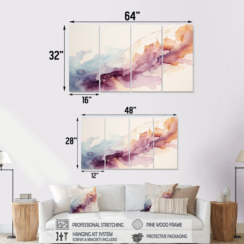 Sea of Tranquility Subtle Retro Pastels II - Encre liquide, art mural abstrait, 4 pièces, H 28 po x l 48 po