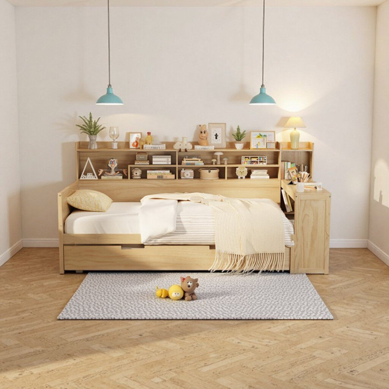 Lit de jour simple en bois avec lit gigogne, tablettes de rangement et bureau d'étude intégré - Finition naturelle multifonctionnelle