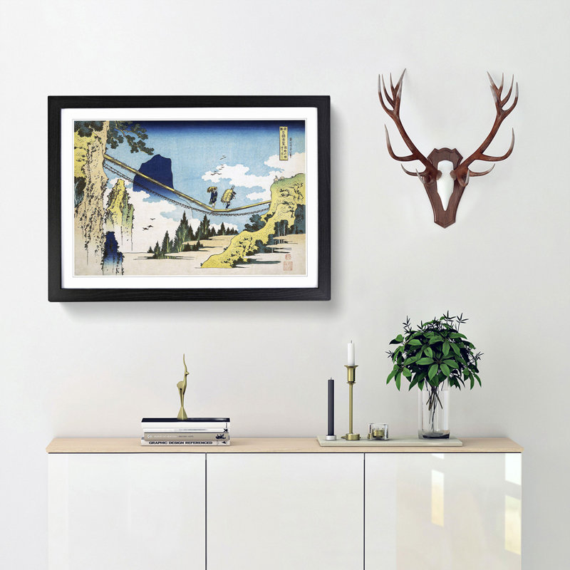 The Suspension Bridge by Katsushika Hokusai - Picture Frame Painting Print, 27cm H x 36cm W x 2cm D, Black Framed