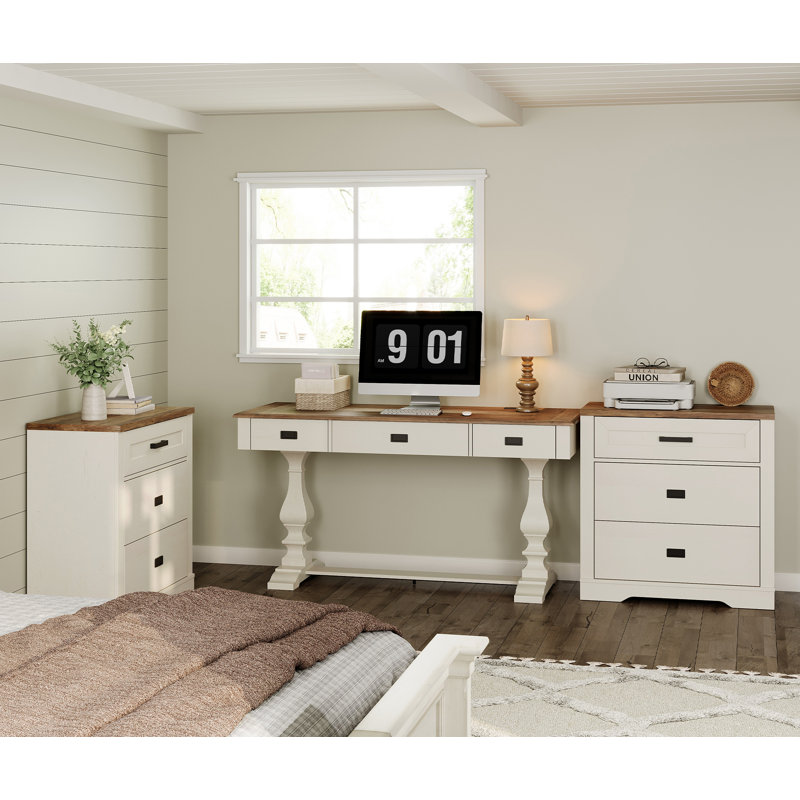Farmhouse Office Desk Complete Set With Dual Drawer Cabinets & -Storage Organization System - Rustic Modern 60-Inch Desk With Matching File Cabinets For Home Office