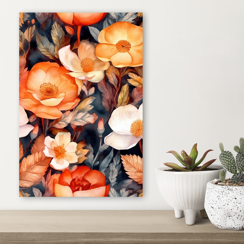 «Dark Autumn Blooms», art abstrait coquelicot, 18" H x 12" W