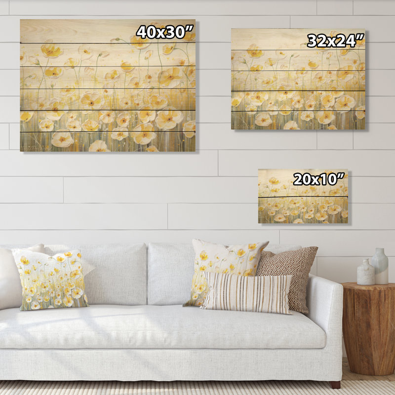 Buttercups Floral Array Field - Art mural en bois champ de fleurs sur bois de pin naturel, H 10 po x l 20 po