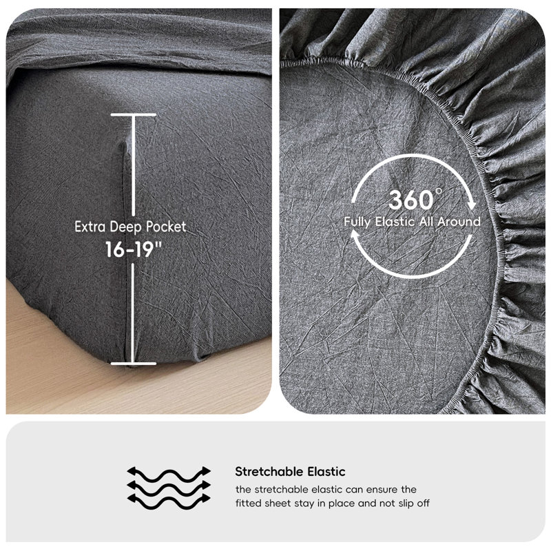Moomee Fitted Sheet with Pillowcases 3-Piece Set 100% Washed Cotton Linen Like Textured, Dark Gray
