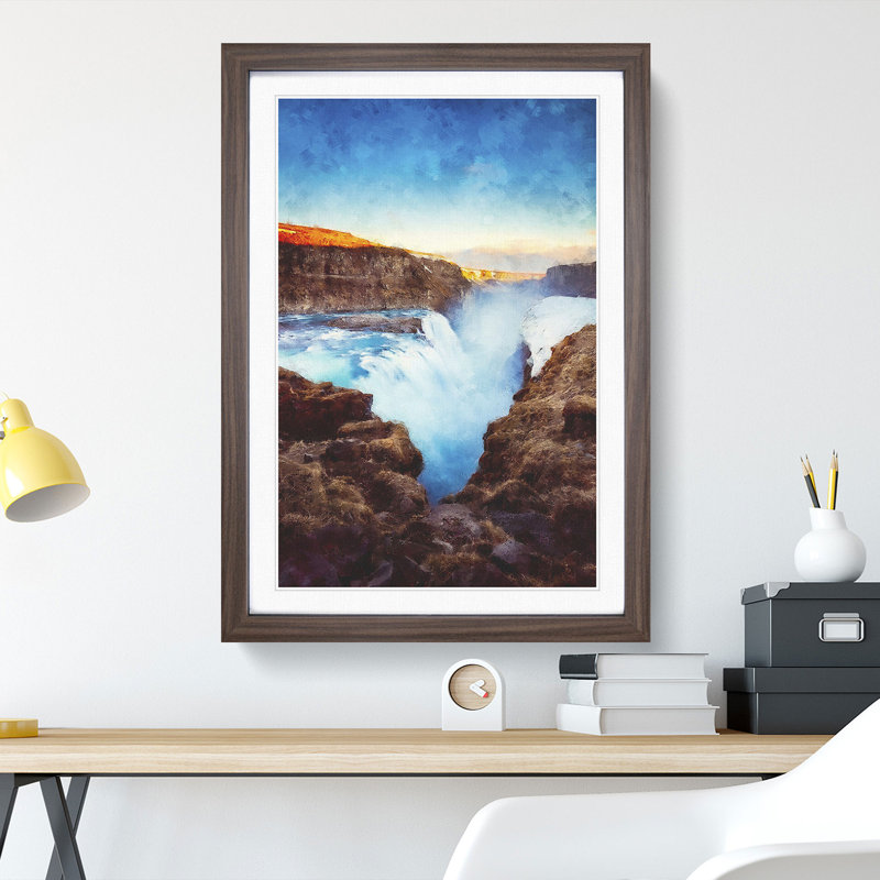 A Waterfall in Iceland - Picture Frame Painting, 36cm H x 27cm W x 2cm D, Walnut Framed