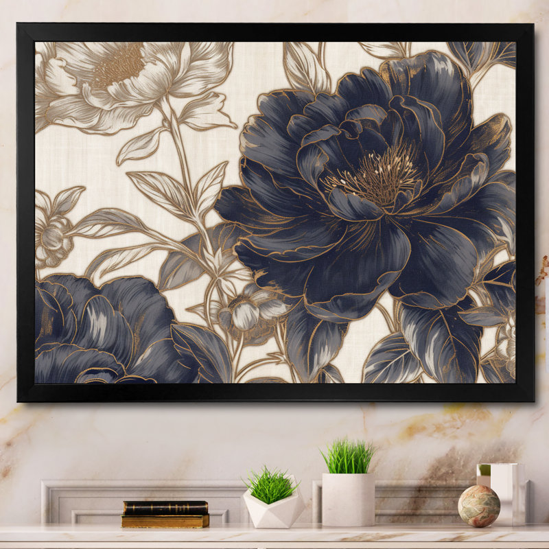 Javion, fleur d'oeillet bleu doré III sur toile, Cadre photo noir, H 12 po x l 20 po x P 1 po