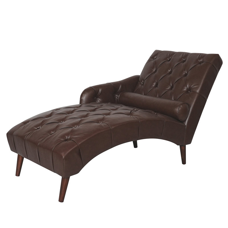 Chaise longue avec accoudoirs et coussins en bois massif, Similicuir brun foncé