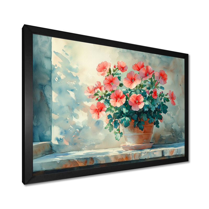 «Geranium Stillife» au réalisme ensoleillé - art mural géraniums, H 34 po x l 44 po, Cadre simple, Noir