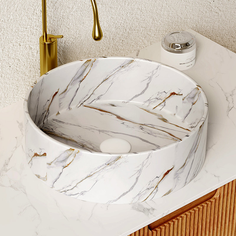Lavabo de salle de bain rond en céramique 14 "avec motif de pierre, sans robinet