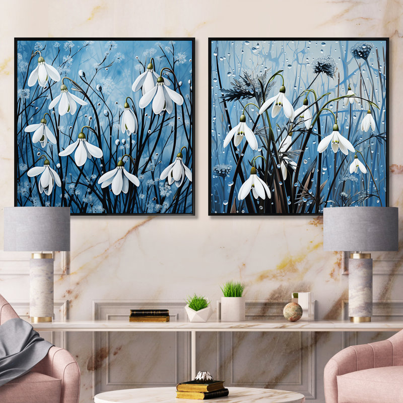 «Minimalisme bleu et blanc fleur de neige» 2 pièces, Cadre flottant noir, H 16 po x l 33 po