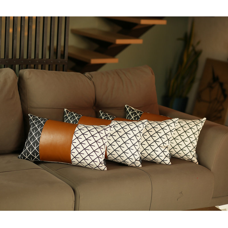 Boho Brown and Ivory Geometric Faux Leather Lumbar Pillow Cover Set
