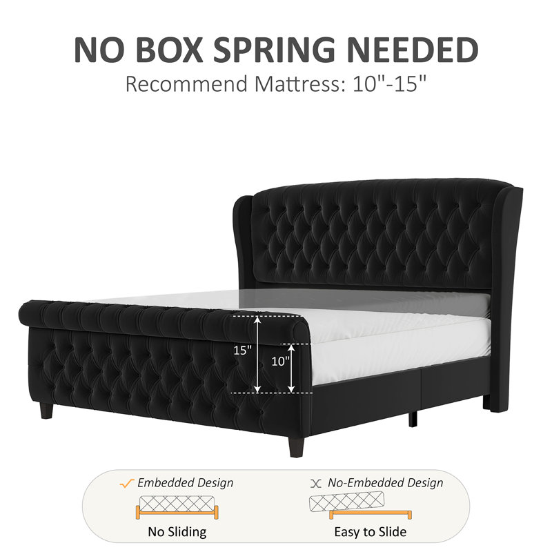 Queen Size Black Velvet Upholstered Tufted Sleigh Bed Frame
